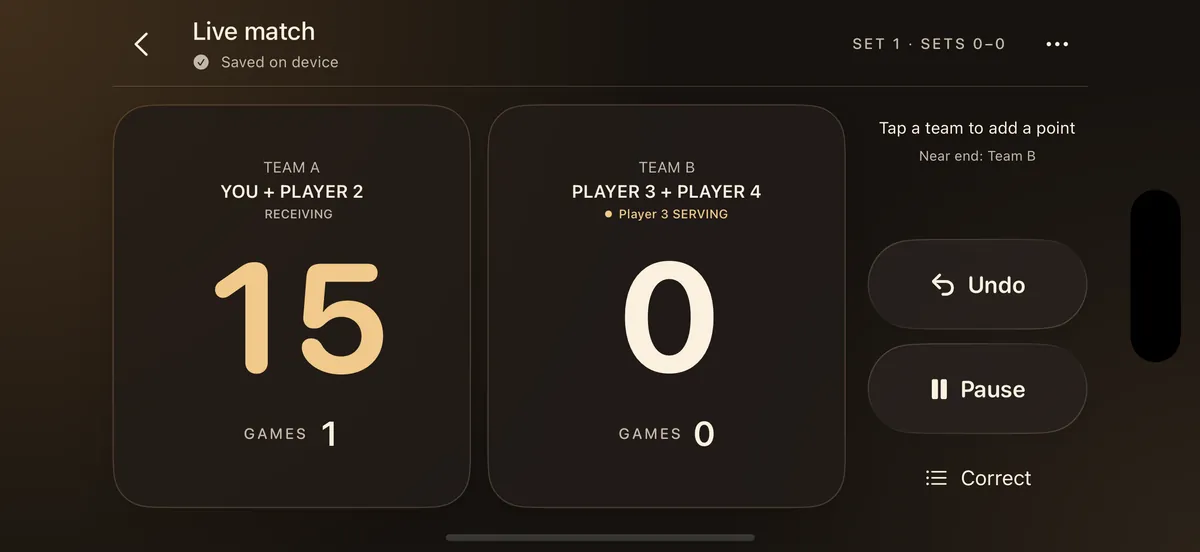 The PadelArc landscape score screen. Each team has a large score panel, with Undo, Pause and Correct beside them.