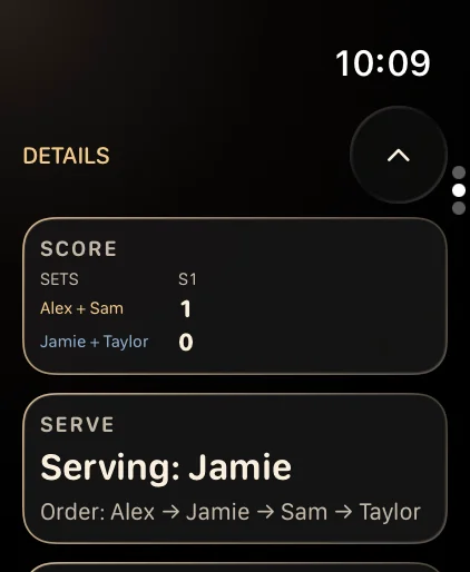 The Details page on Apple Watch. It shows the set score and says that Jamie serves next.