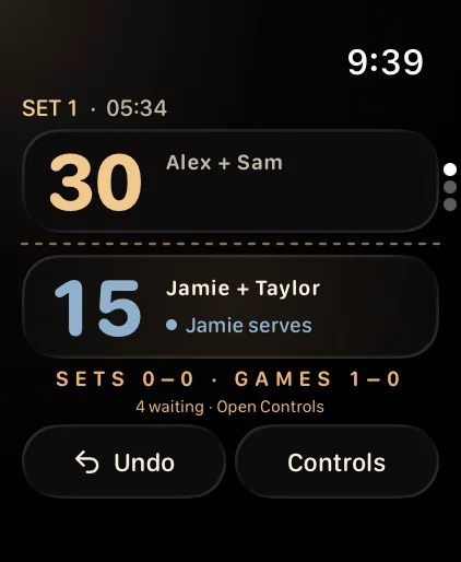 PadelArc on Apple Watch. Alex + Sam lead Jamie + Taylor 30–15, and Jamie serves.
