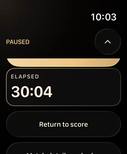 A paused match on Apple Watch, with 30:04 of elapsed time.