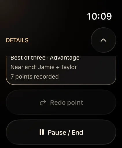 The Apple Watch Details page with the rules: best of three, advantage, and 7 points recorded.